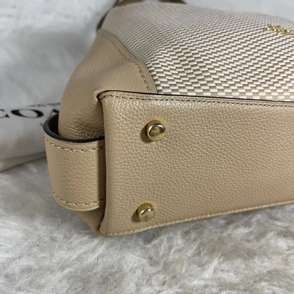 Coach Women’s Beige Woven Pebbled Finish Shoulder Bag, Gold Hardware, Tag